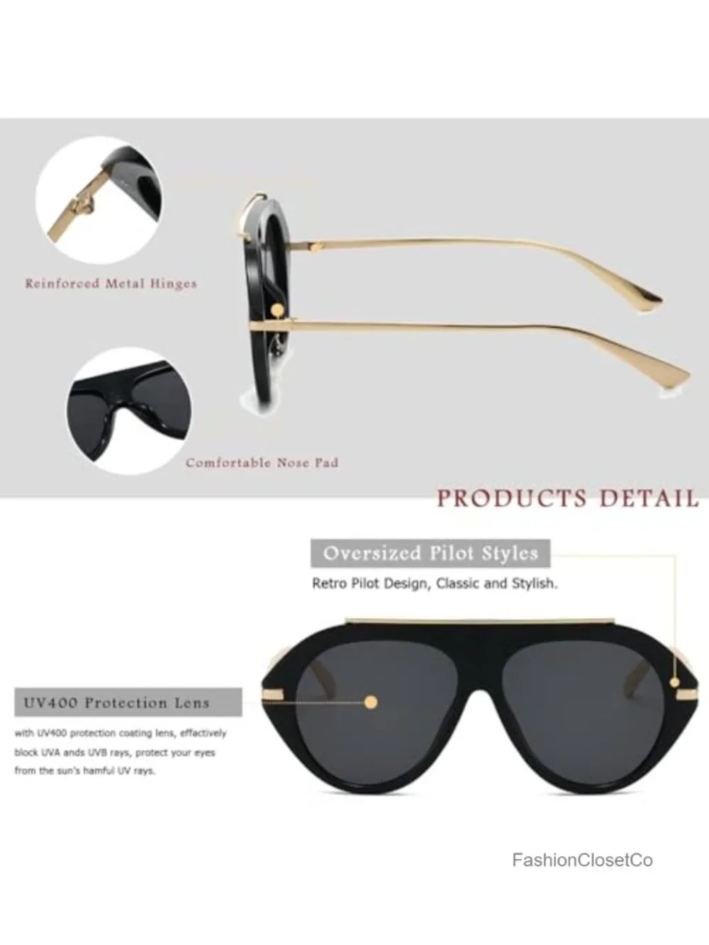 Oversized Pilot Sunglasses Retro 70s UV400 Gold Toned Temples Square